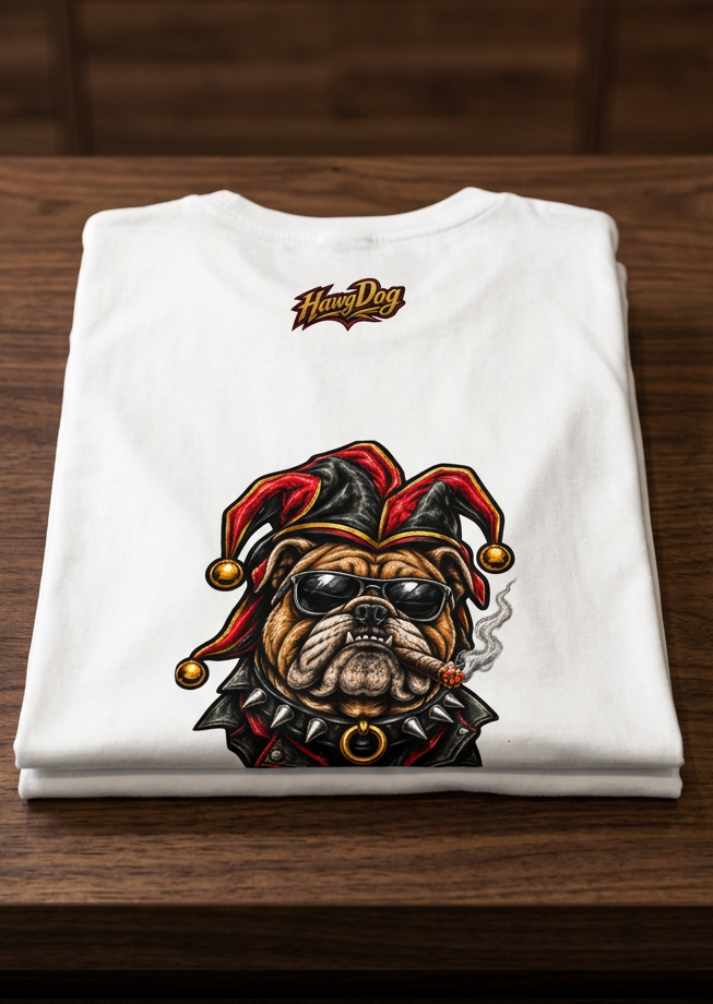 Back of the white Ded-Dog's Hand men's tank top with the biker jester skull graphic, folded on a wooden table