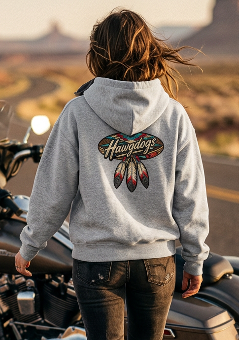 Back view of a woman wearing the flower gray HawgDogs Thunderhead Ultimate Fleece-147 Hoodie with the HawgDog MC Detroit Chapter graphic