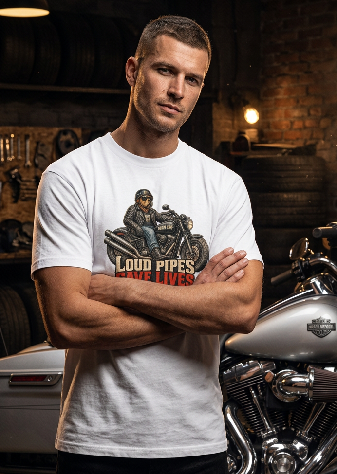 Loud Pipes Save Lives men's tee shirt by HawgDog Gear, white, front