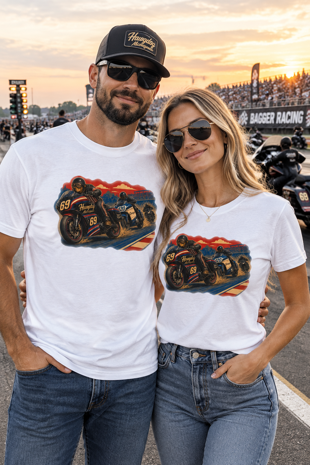 Couple in white Bagger Dogs tees at a motorcycle race