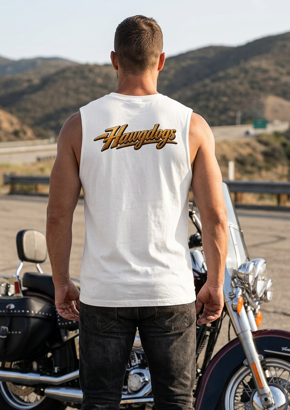 Back of the white Wings of The Open Road men's tank top with the gold winged HawgDogs logo