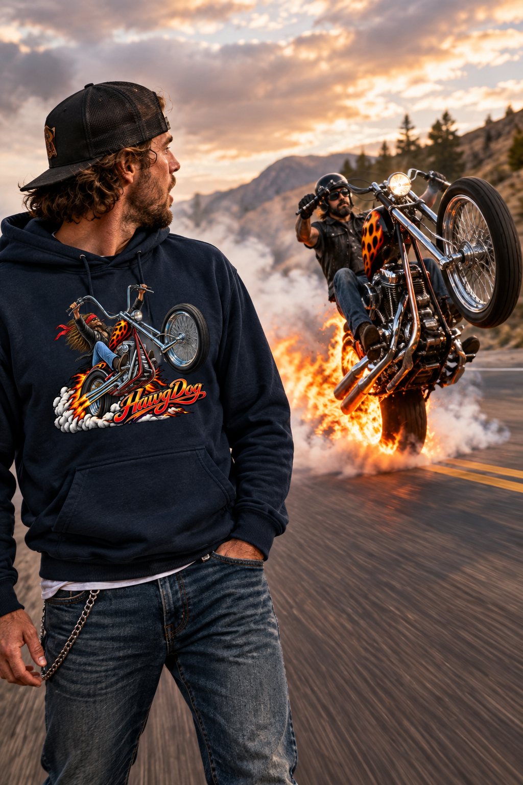 Man in the navy Wild Wheelie hoodie with a rider doing a wheelie behind him