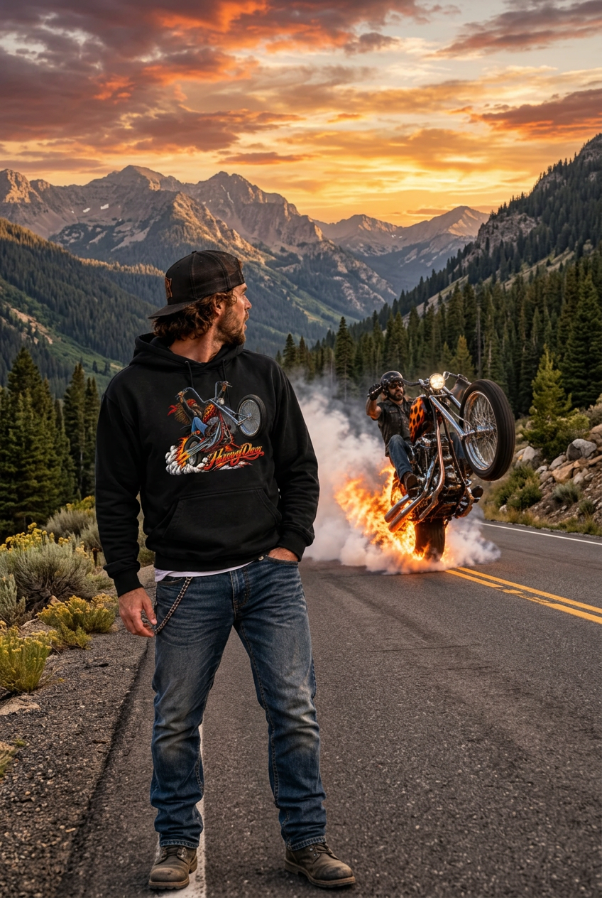 Model wearing the white HawgDogs Wild Wheelie Men's Hoodie outdoors