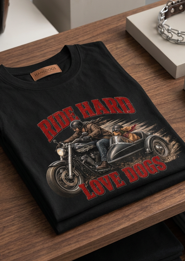 Front of the black Ride Hard & Love Dogs men's tank top with the bulldog and pistons graphic, laid flat on a wooden table