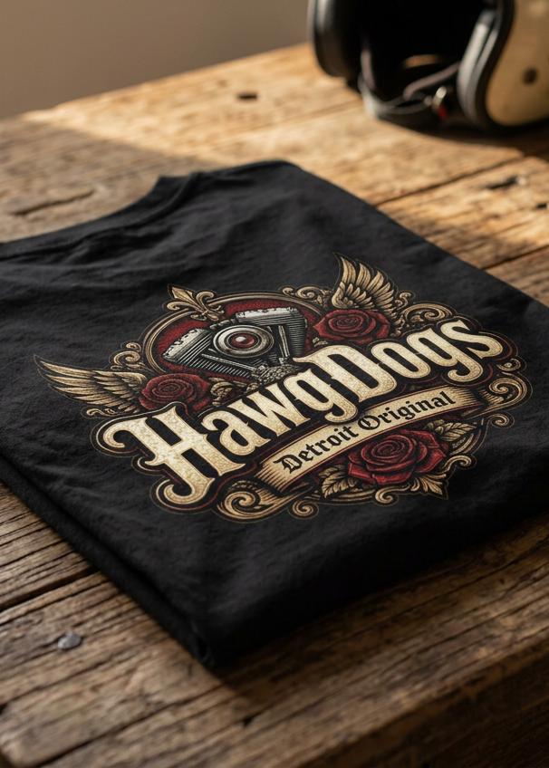 Back of the black Rebel Heart women's tee with the HawgDogs Detroit Original logo, folded on a wooden table