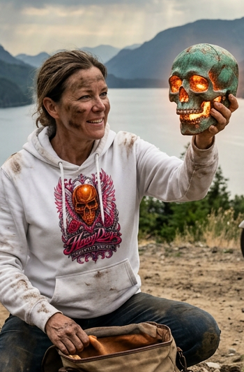 Woman in the white Angel Skull premium hoodie holding a glowing skull by a lake