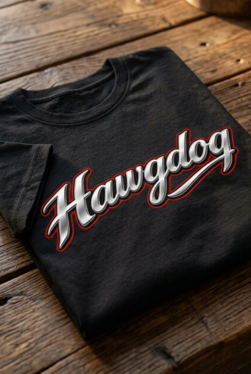 Back of the black Save A Horse tee with the Hawgdog script logo, folded on a wooden table