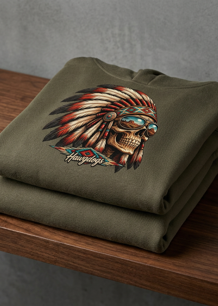 Front of the olive green HawgDogs Thunderhead Ultimate Fleece-147 Hoodie with the war-bonnet skull graphic, folded on a wooden table