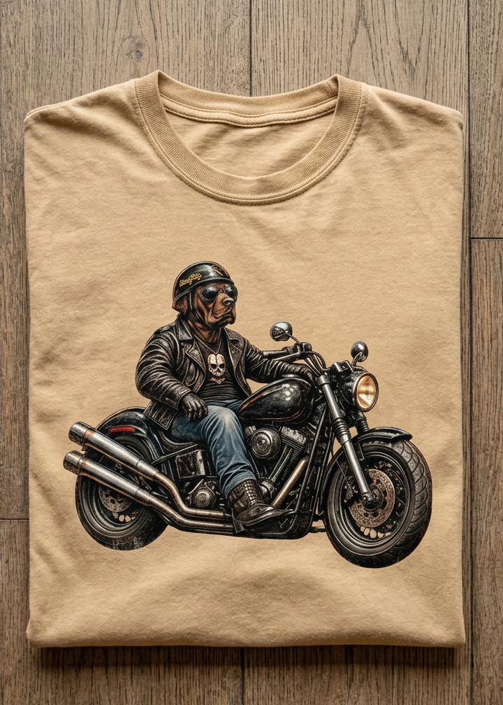 Front of the Khaki HawgDogs Chocolate Biker tee with a chocolate Lab in a leather jacket and half helmet riding a black motorcycle