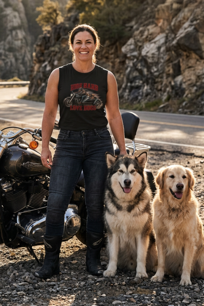 Woman in the black Ride Hard & Love Dogs women's crewneck tank beside her motorcycle with two golden retrievers