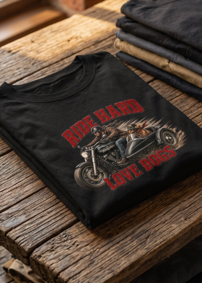 Front of the black Ride Hard & Love Dogs tank top with the Ride Hard Love Dogs motorcycle graphic, laid flat on a wooden table