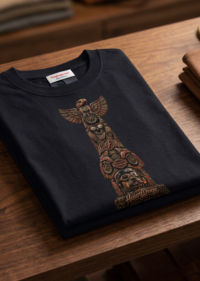 Totem Pooch men's tee shirt by HawgDog Gear, black, front