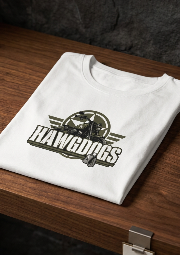 Back of the white Might of The Republic men's tank top with the HawgDogs logo, folded on a wooden table