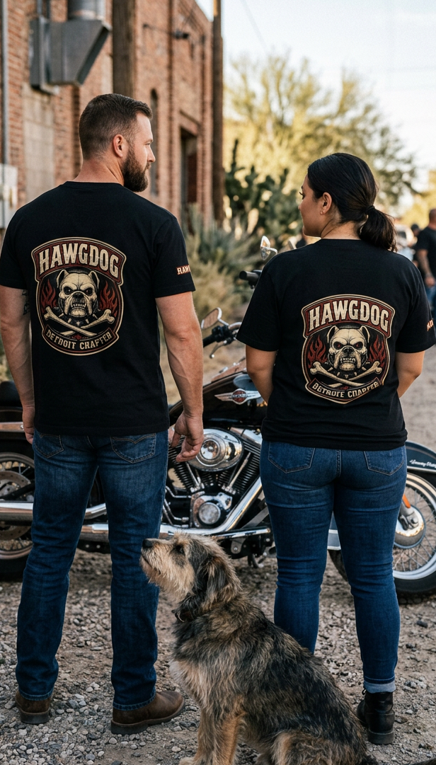Back of a couple in black Ride Hard & Love Dogs tees with the HawgDog Detroit Chapter graphic and their dog