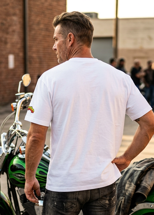 Wild Wheelie 1 Down 5 Up men's tee shirt by HawgDog Gear, white, back
