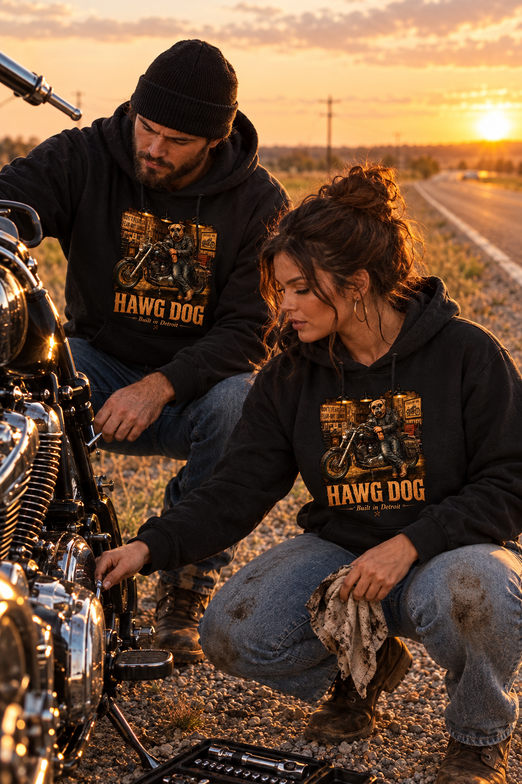 Couple in black Don't Fear Death, Fear Not Living hoodies beside a motorcycle at sunset
