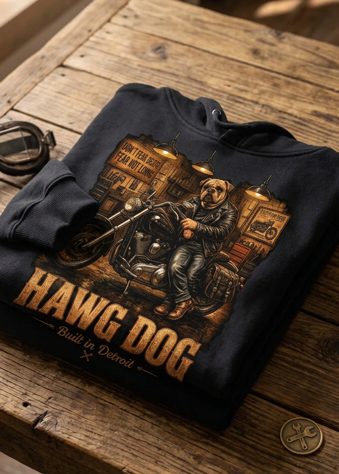 Front of the black Don't Fear Death, Fear Not Living hoodie with the skeleton rider Hawg Dog graphic, laid flat on a wooden table