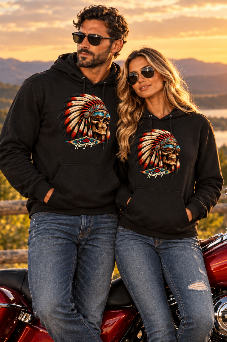 Couple in black Thunderhead hoodies with the headdress graphic at sunset
