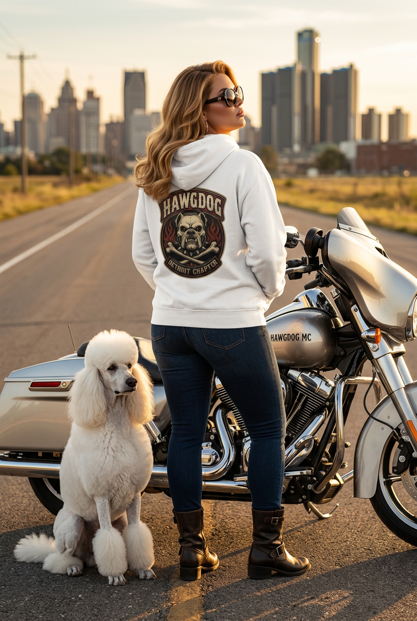 Back of the white Ride Hard & Love Dogs hoodie with the HawgDog skull patch on a rider with a white poodle