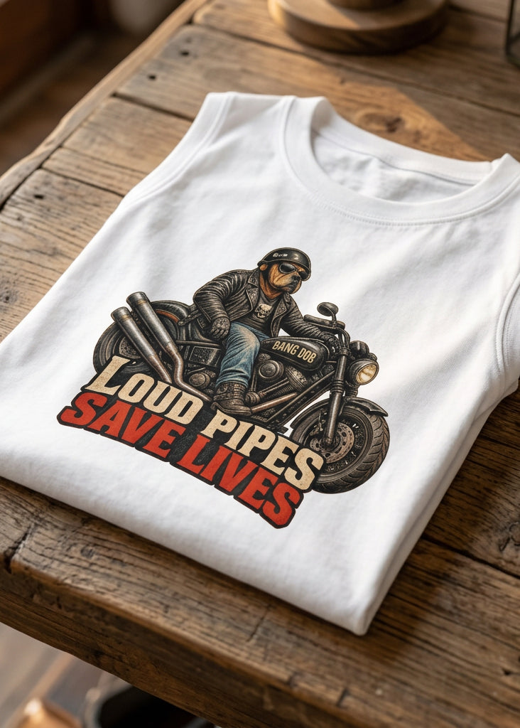 Front of the white Loud Pipes Save Lives women's crewneck tank top with the bulldog rider graphic, laid flat on a wooden table