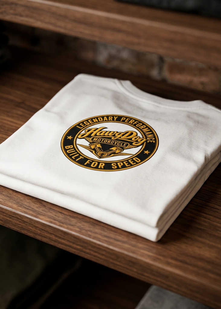 Back of the white Polishing Patty men's tank top with the Legendary Performance Built for Speed seal, folded on a wooden table