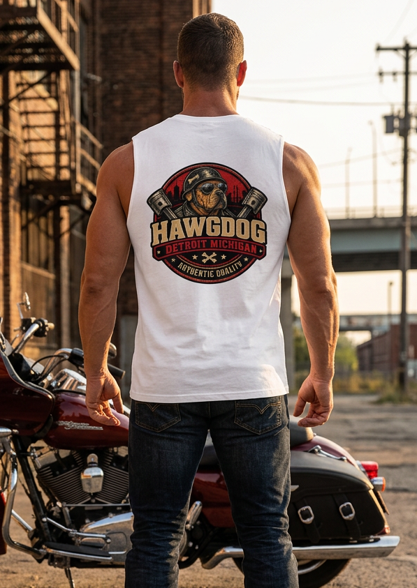 Back of the white Loud Pipes Save Lives men's tank top with the bulldog Detroit crest