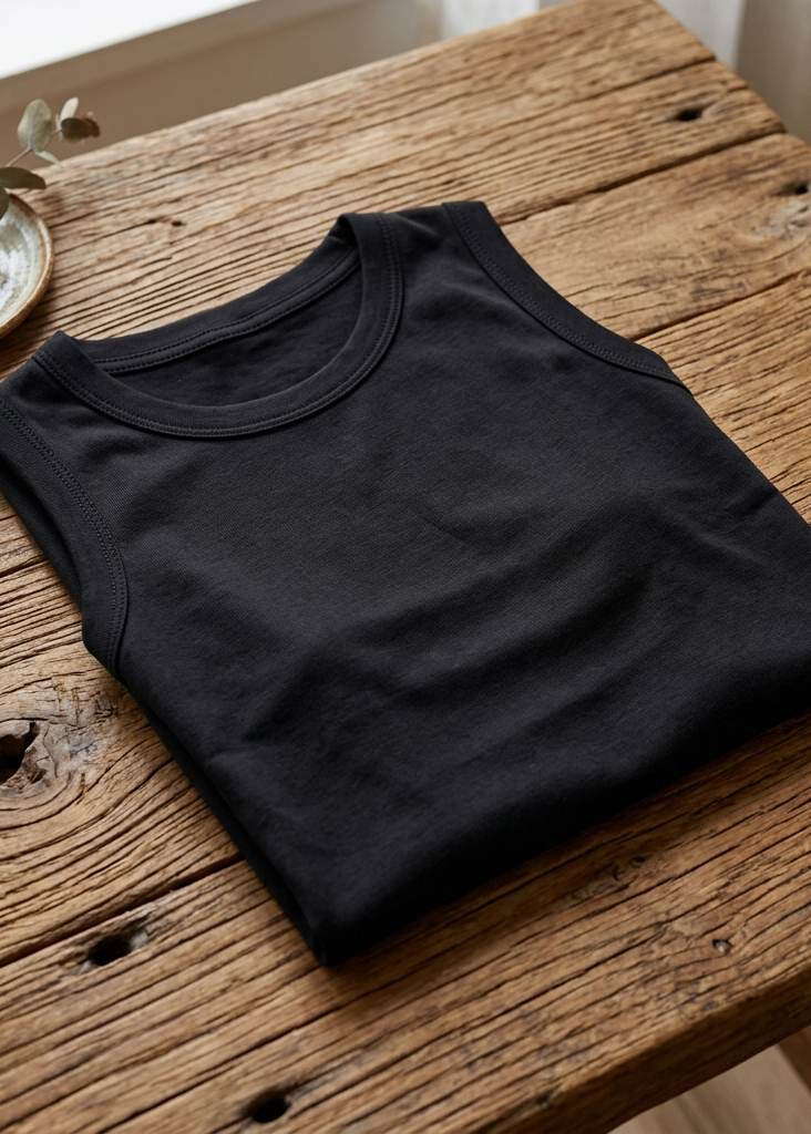 Back of the black Classic Gold Eagle women's crewneck tank, folded on a wooden table