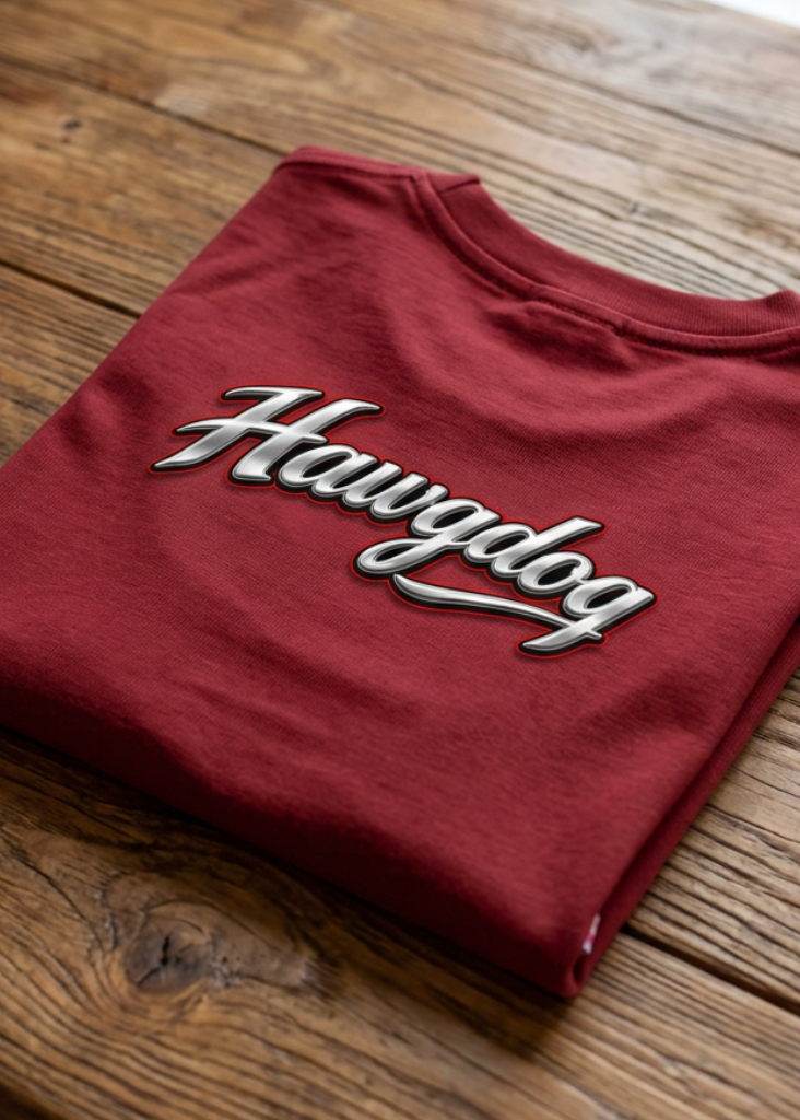 Back of the red Save A Horse women's crewneck tank with the Hawgdog script logo, folded on a wooden table