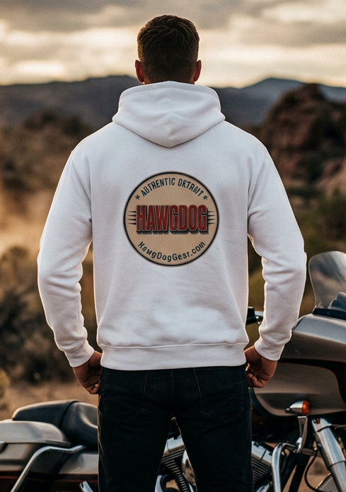 Close-up of the HawgDog Detroit Chapter back emblem on the white Patriotic Pooch hoodie