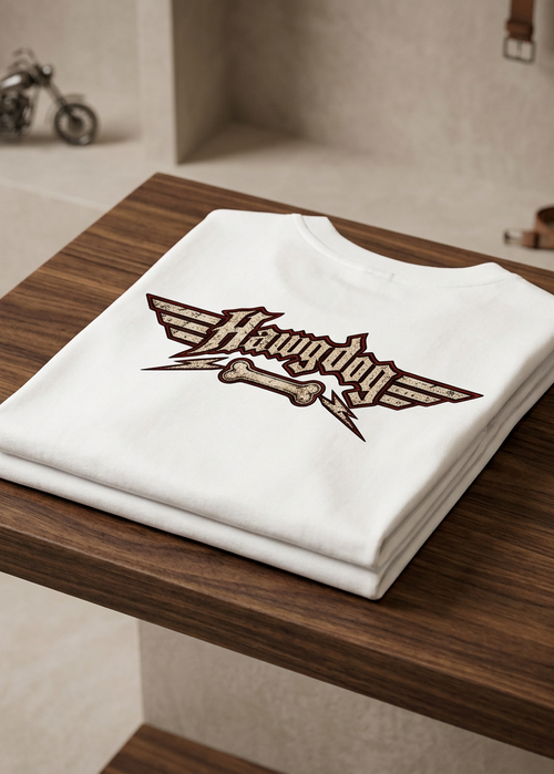 Back of the white Billy Bones men's tank top with the winged HawgDog Brand logo, folded on a wooden table