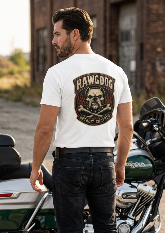 Ride Hard & Love Dogs men's tee shirt by HawgDog Gear, white, back