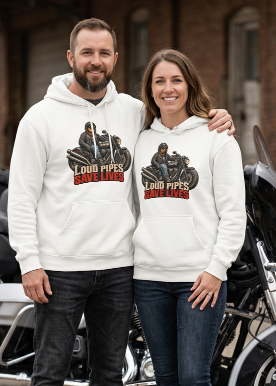 Close-up of the Loud Pipes Save Lives front chest graphic on the white hoodie