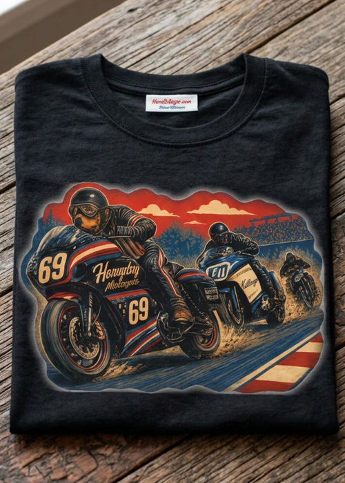 Front of the black Bagger Dogs tee with the bagger motorcycle graphic, laid flat on a wooden table