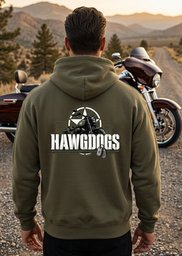 Back view of a man by a motorcycle wearing the olive green HawgDogs Might of The Republic Ultimate Fleece-147 Hoodie