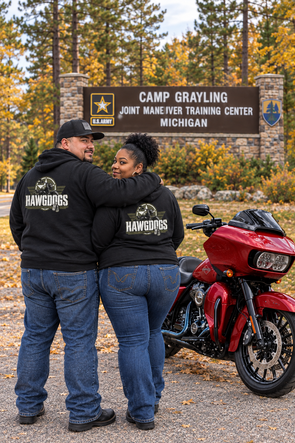 Back of black Might of The Republic premium hoodies at Camp Grayling