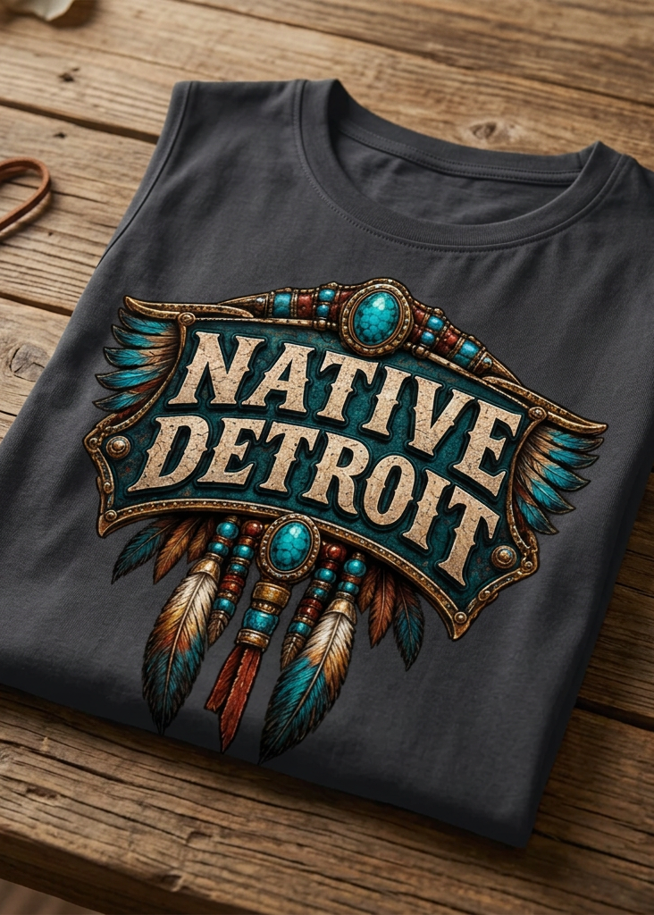 Back of the black Native Detroit women's crewneck tank with the Native Detroit shield, folded on a wooden table
