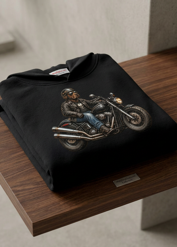 Front of the white HawgDogs Chocolate Biker Men's Hoodie on a wooden hanger