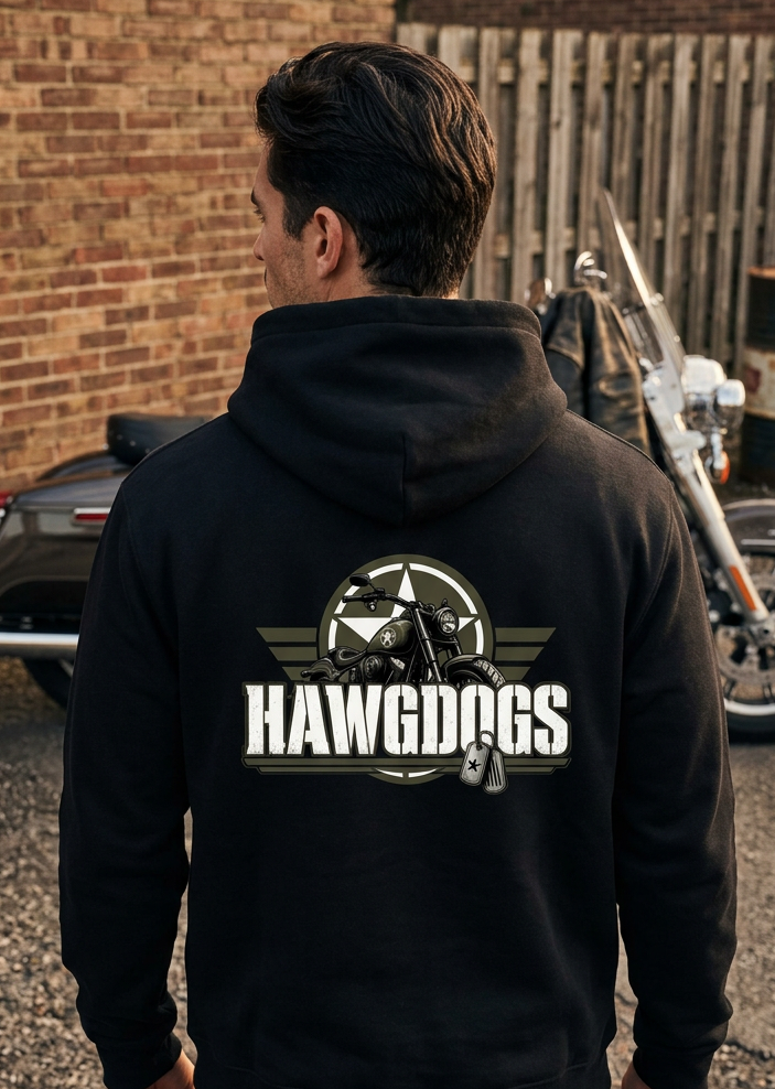 Close-up of the HawgDog Detroit Chapter back emblem on the white Might of The Republic hoodie