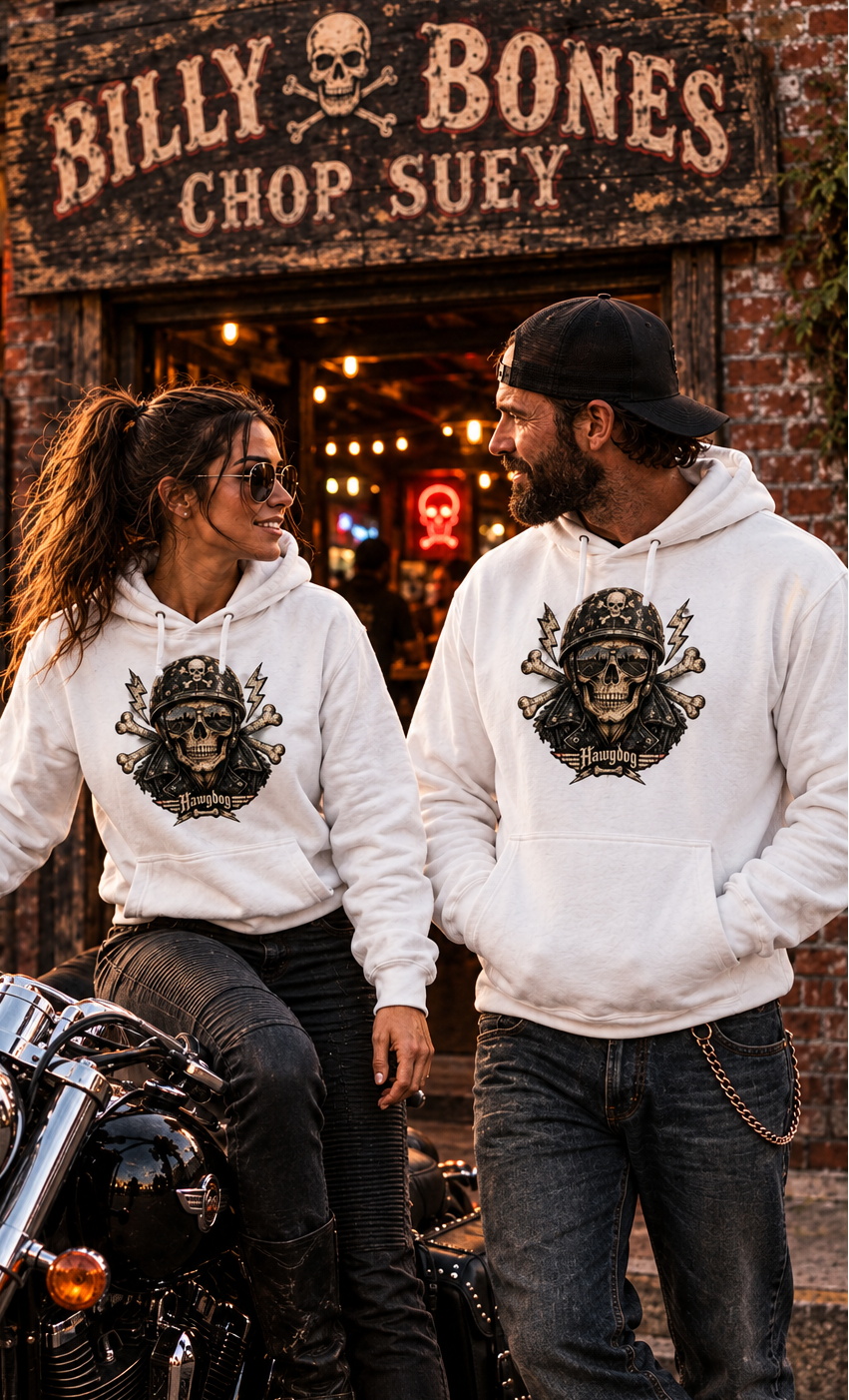 Couple in white Billy Bones hoodies with the helmet skull graphic on main street