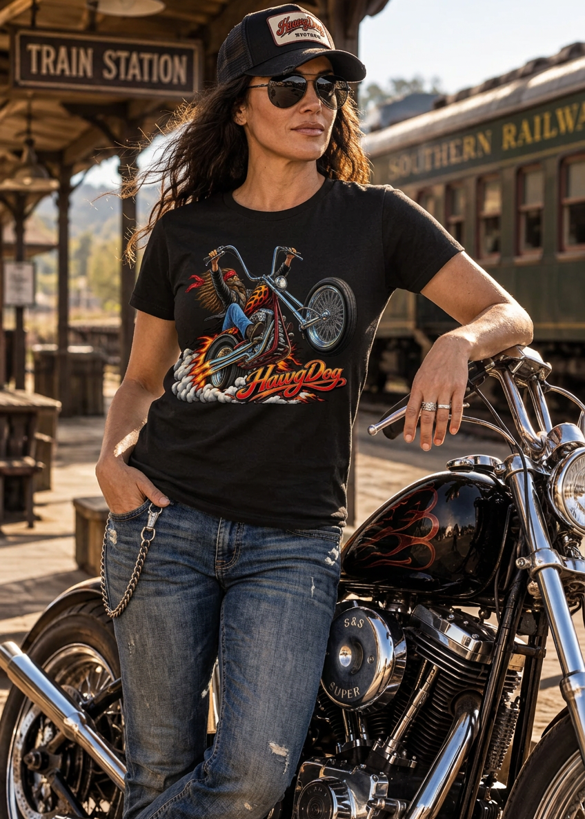 Man in the black Wild Wheelie tee leaning on his motorcycle at an old train station