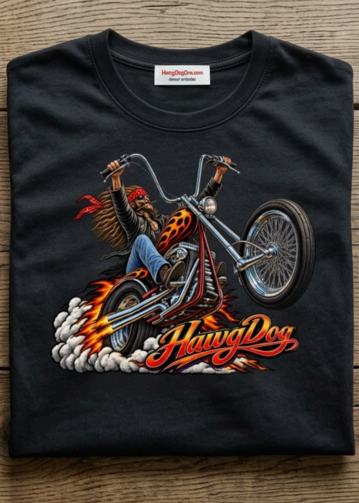 Front of the black Wild Wheelie tee with the wheelie chopper graphic, laid flat on a wooden table