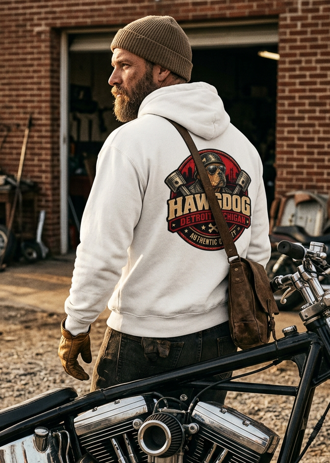 Close-up of the HawgDog Detroit Motorcycle back emblem on the white Loud Pipes Save Lives hoodie