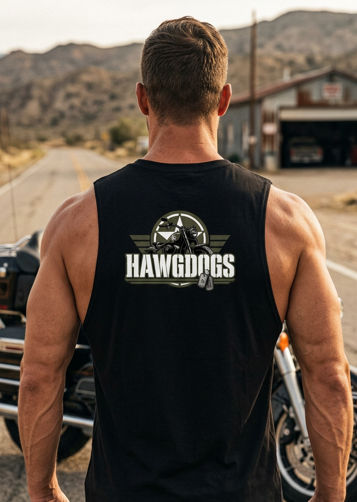 Back of the black Might of The Republic men's tank top with the HawgDogs logo