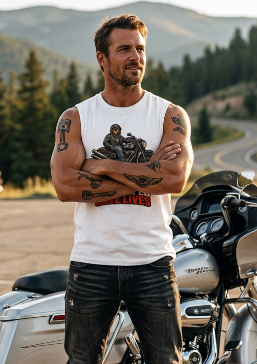 Man in the white Loud Pipes Save Lives men's tank top on a country road