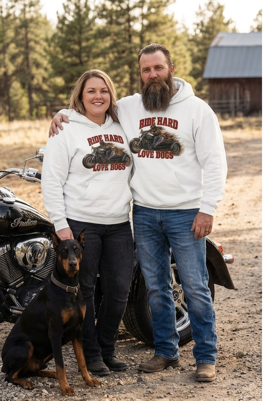 Couple in white Ride Hard & Love Dogs Ultimate Fleece-147 hoodies with their dog and motorcycles