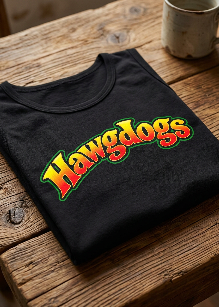 Back of the black Wild Wheelie 1 Down 5 Up tee with the Hawgdogs logo, folded on a wooden table