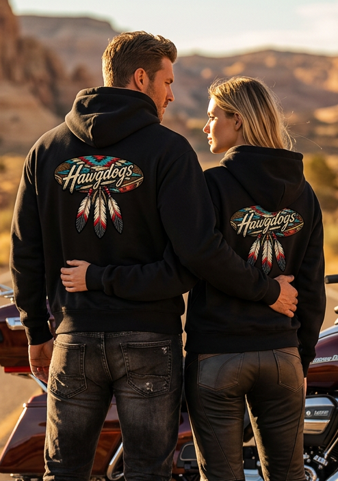 Back view of the black HawgDogs Thunderhead Ultimate Fleece-147 Hoodie with the HawgDog MC Detroit Chapter graphic by a motorcycle