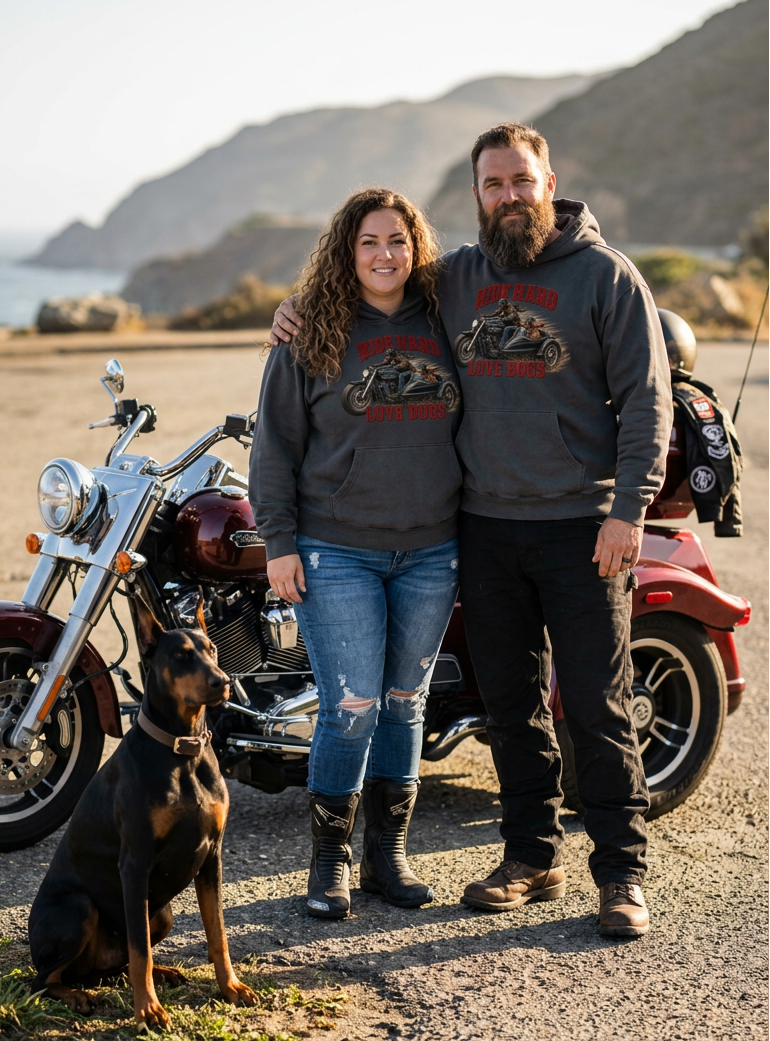 Couple in charcoal gray Ride Hard & Love Dogs Ultimate Fleece-147 hoodies with their motorcycle by the water