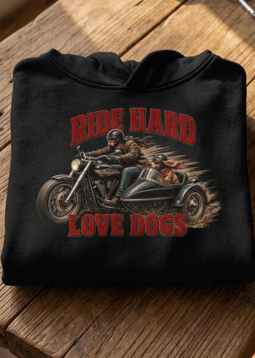 Front of the black Ride Hard & Love Dogs hoodie with the Ride Hard Love Dogs motorcycle graphic, laid flat on a wooden table
