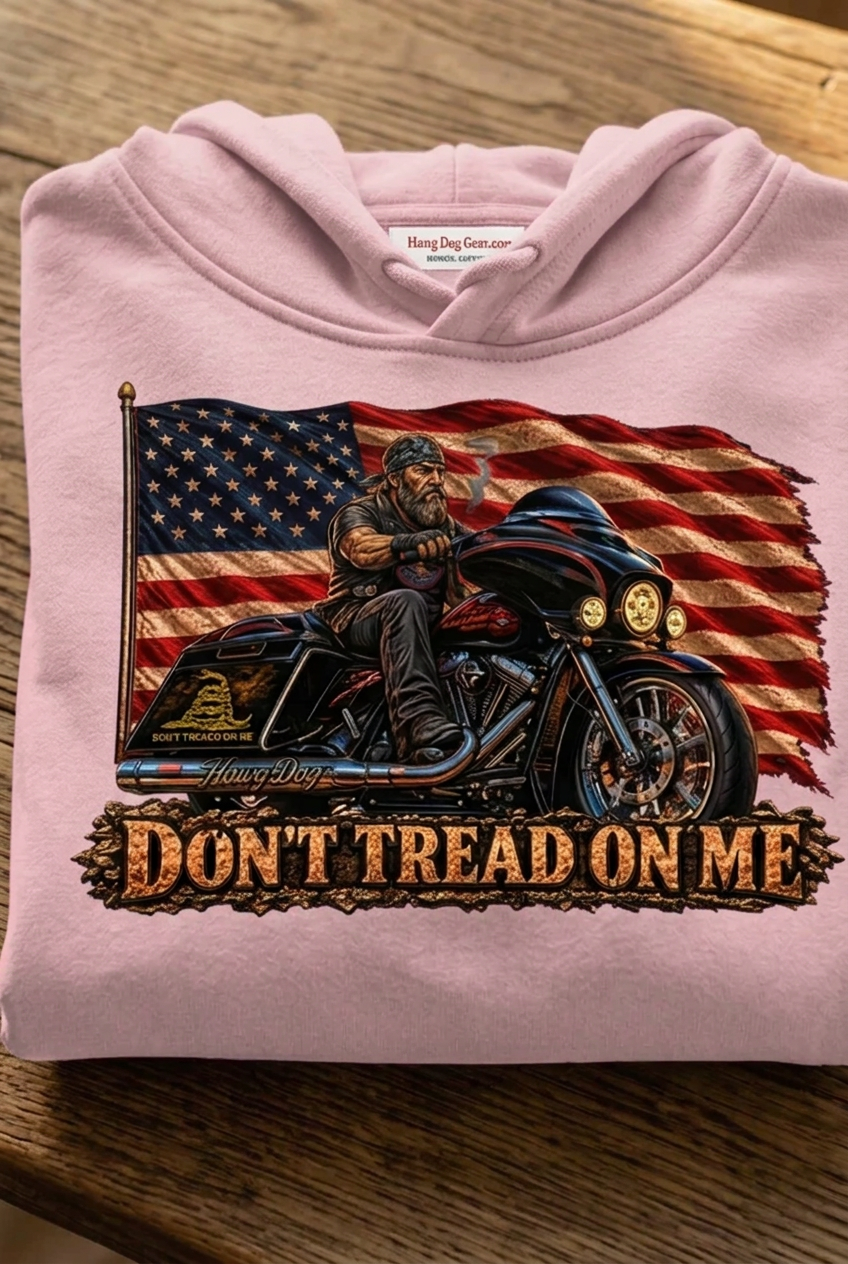 Close-up of the Don't Tread Doggo rattling snake and battle-worn American flag back graphic on the white premium hoodie